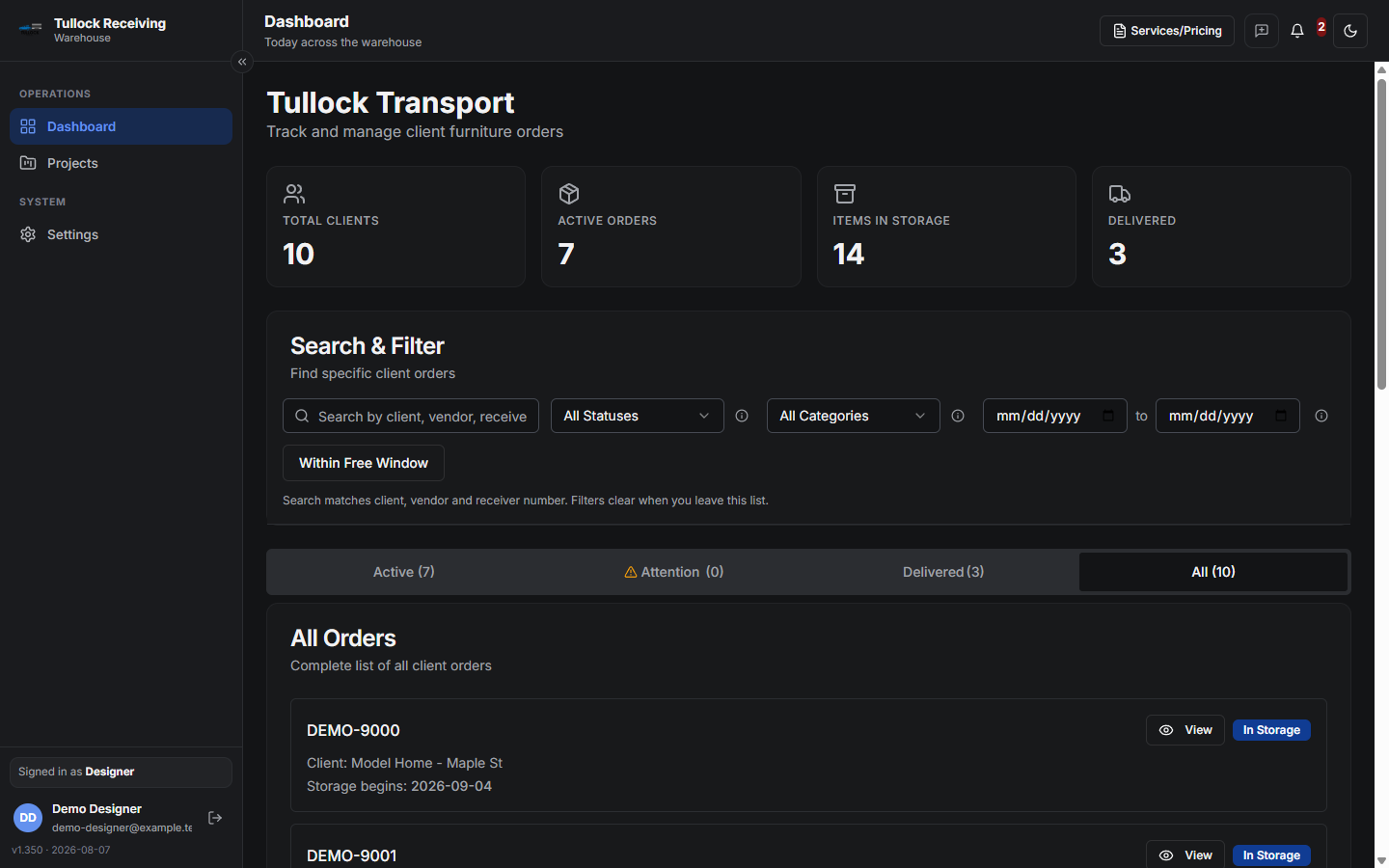 Tullock Transport receiving portal on a desktop computer, showing tracked furniture orders and delivery status